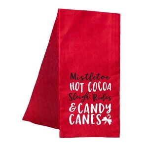 2 Red Holiday Dishtowels - Mistletoe, Hot Cocoa, Sleigh Rides & Candy Canes, NWT